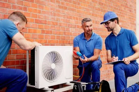 HVAC service team inspecting and discussing an outdoor air-conditioning unit
